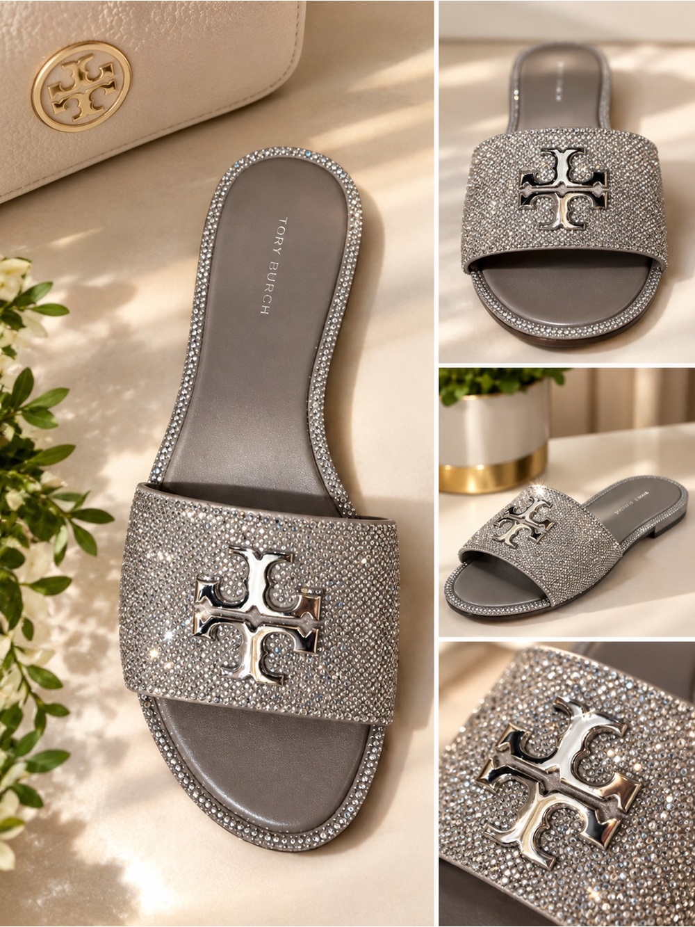 Tory Burch Silver Crystal-Embellished Slide Sandals with Logo